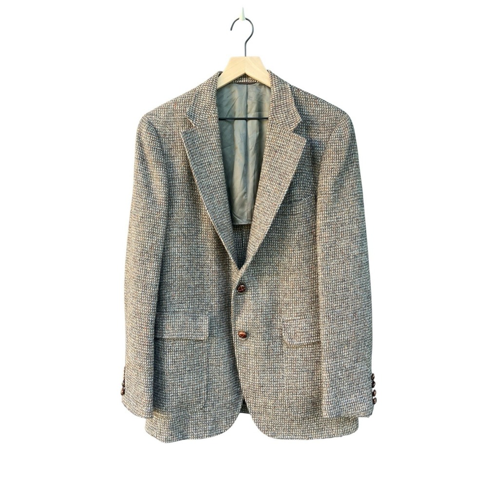 Harris Tweed Vintage Wool Blazer Jacket 40 Oxford Shop Leather Buttons Brown